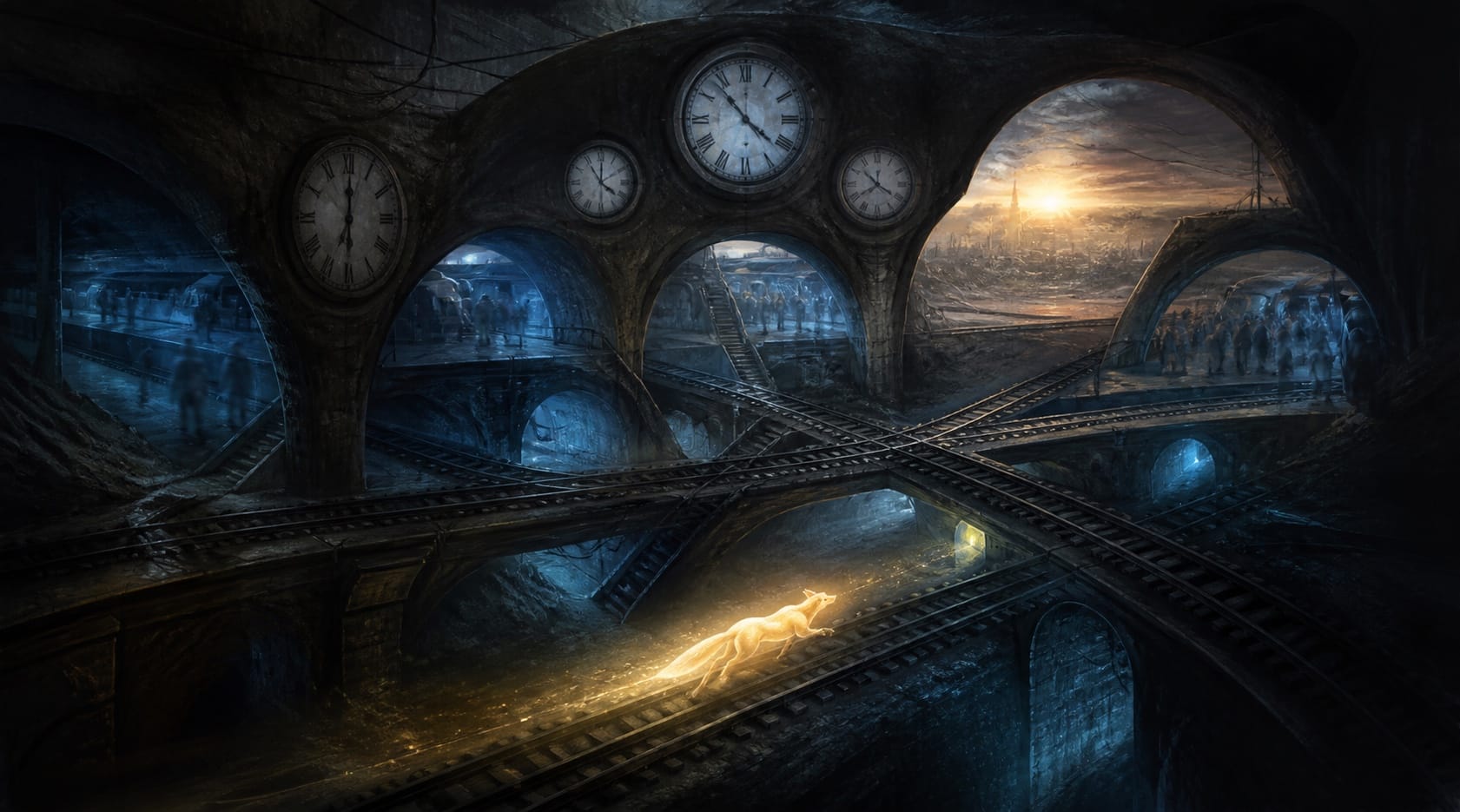 An impossible underground station of crossing tracks and clocks opens towards a single blue signal.