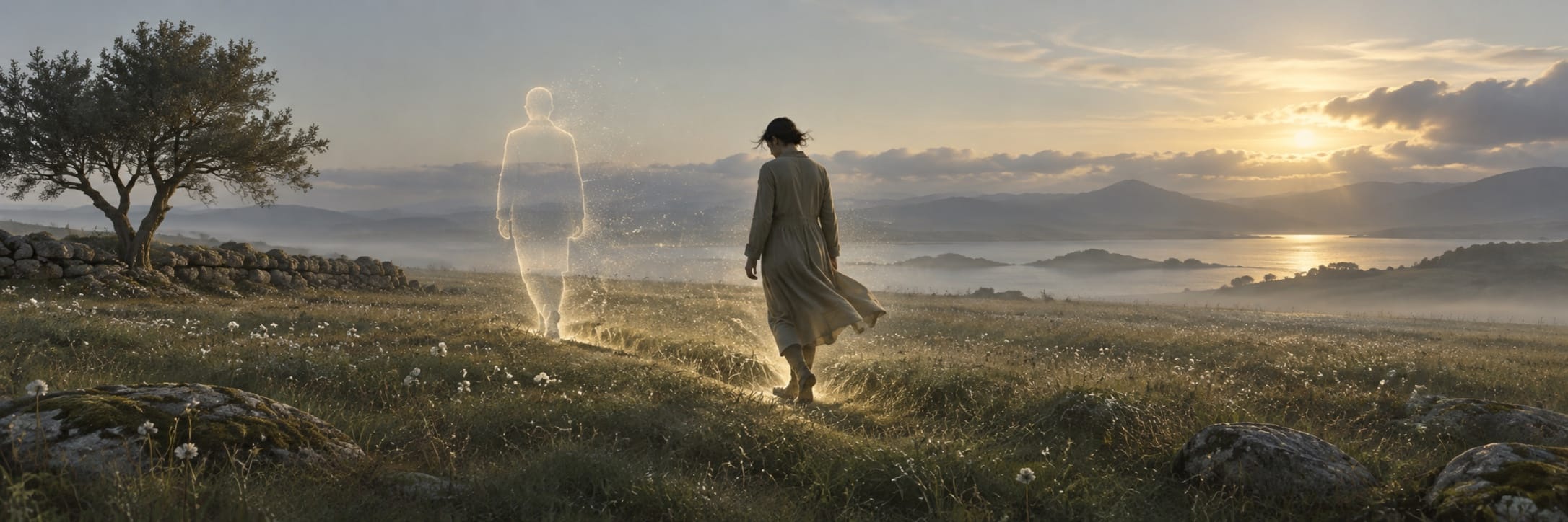 A person in a long coat walks toward a glowing figure as darkness and chaos fade behind them in a grassy field at sunrise.