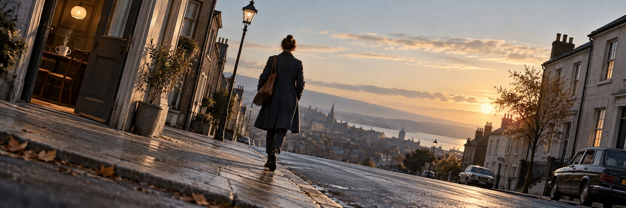 A person walks alone on a wet, surreal city street, passing houses and cars with a fantastical cityscape in the distance.
