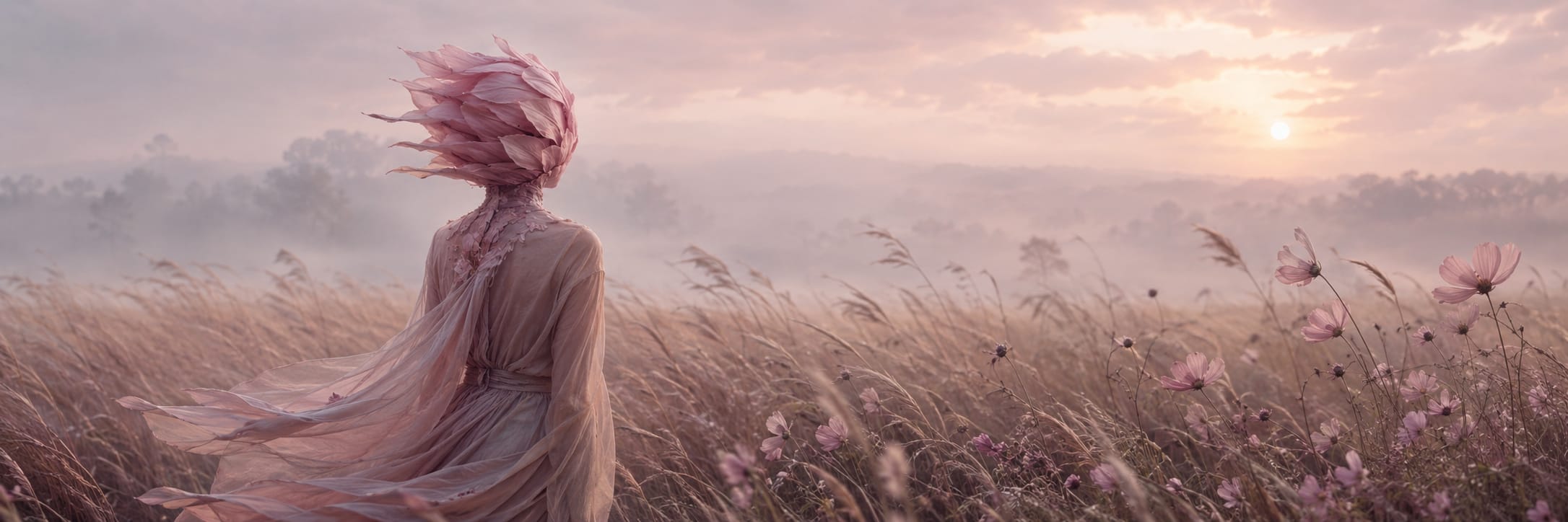 Person in a flowing dress stands in a misty field of flowers at sunrise, surrounded by soft pink haze.