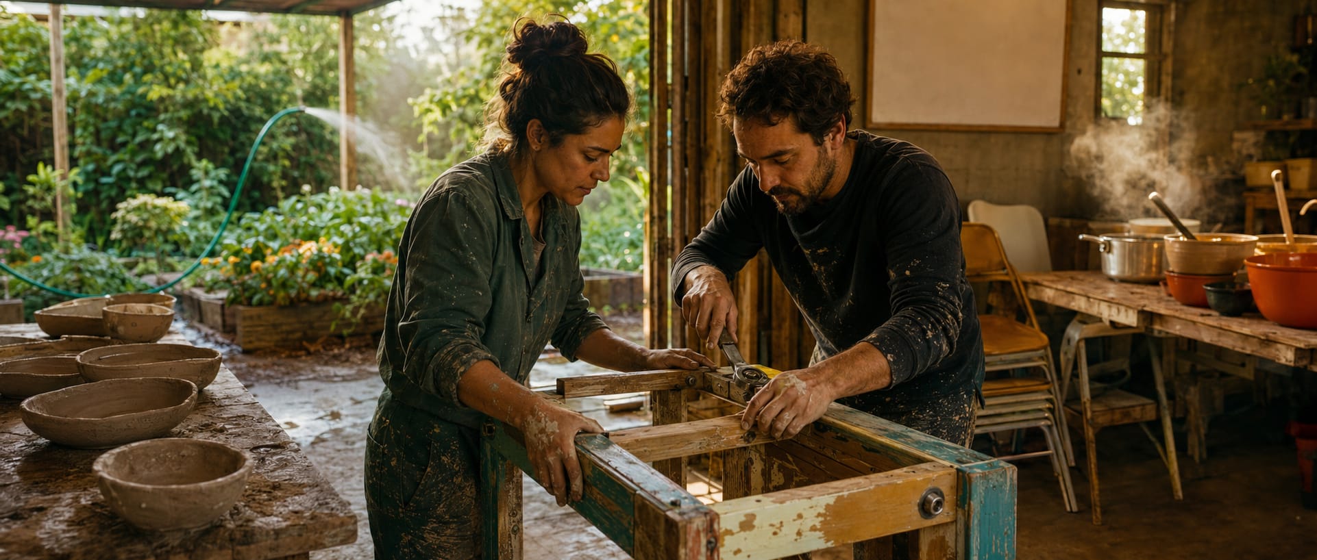 Two people build a wooden frame in a pottery workshop, surrounded by clay bowls and gardening tools.