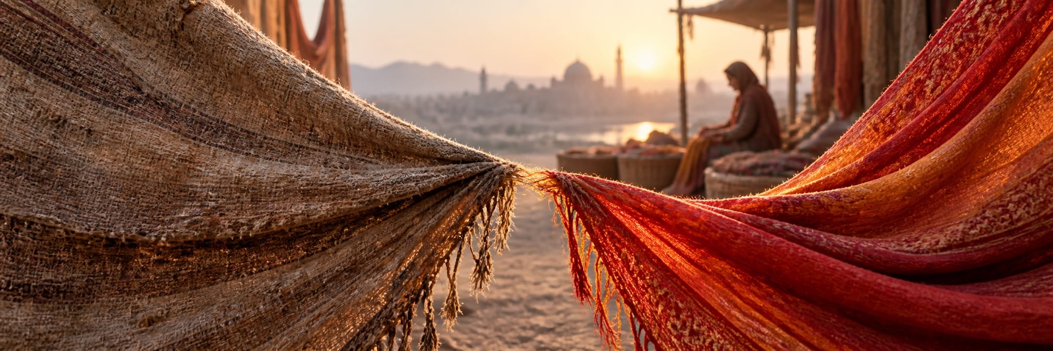 A person sits among surreal, earthy-toned fabrics at sunset with a city skyline in the background.