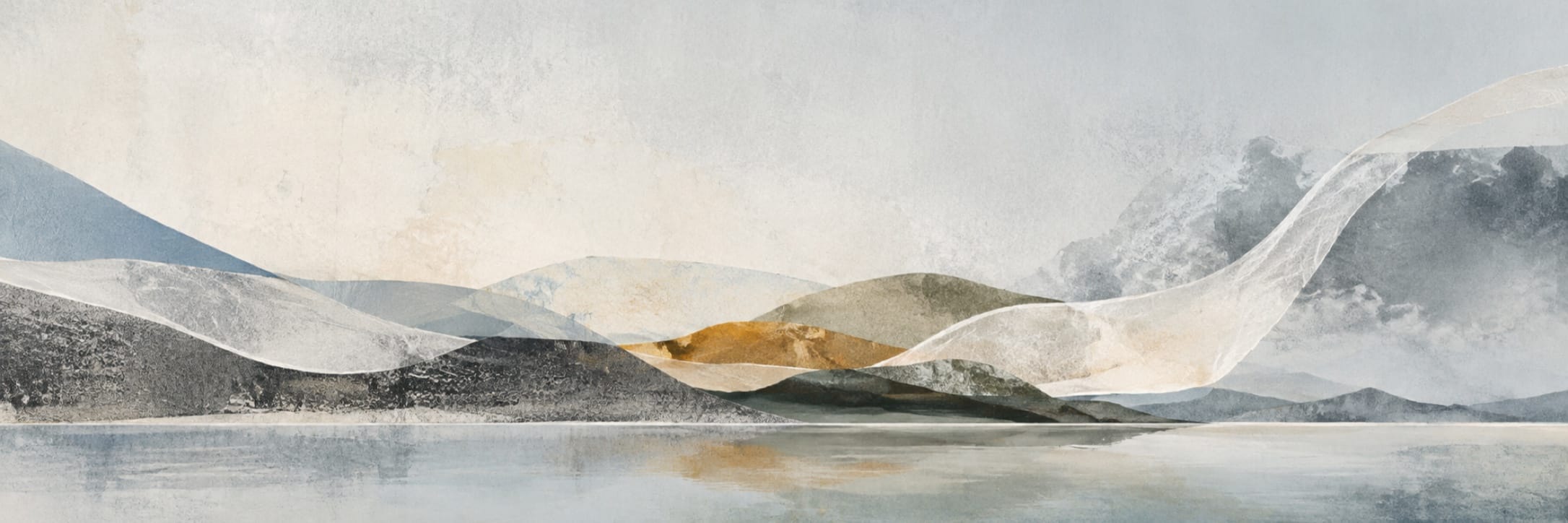 Surreal abstract landscape with translucent hills reflected on calm water under a cloudy sky in muted tones.