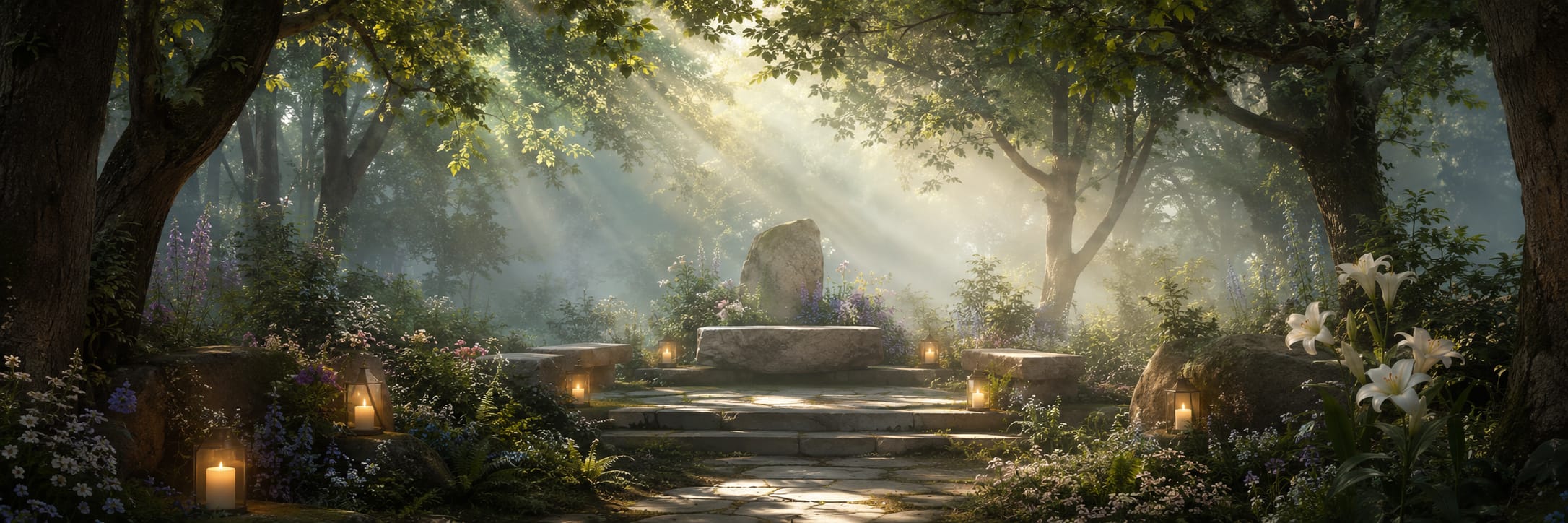 Stone altar in a forest clearing, surrounded by flowers and trees, with a candlelit stone path leading up to it.