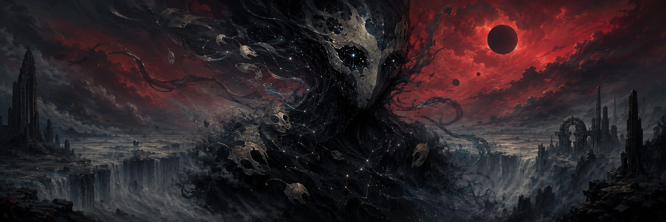 A surreal figure with a starry face looms over an apocalyptic landscape beneath a dark sky.