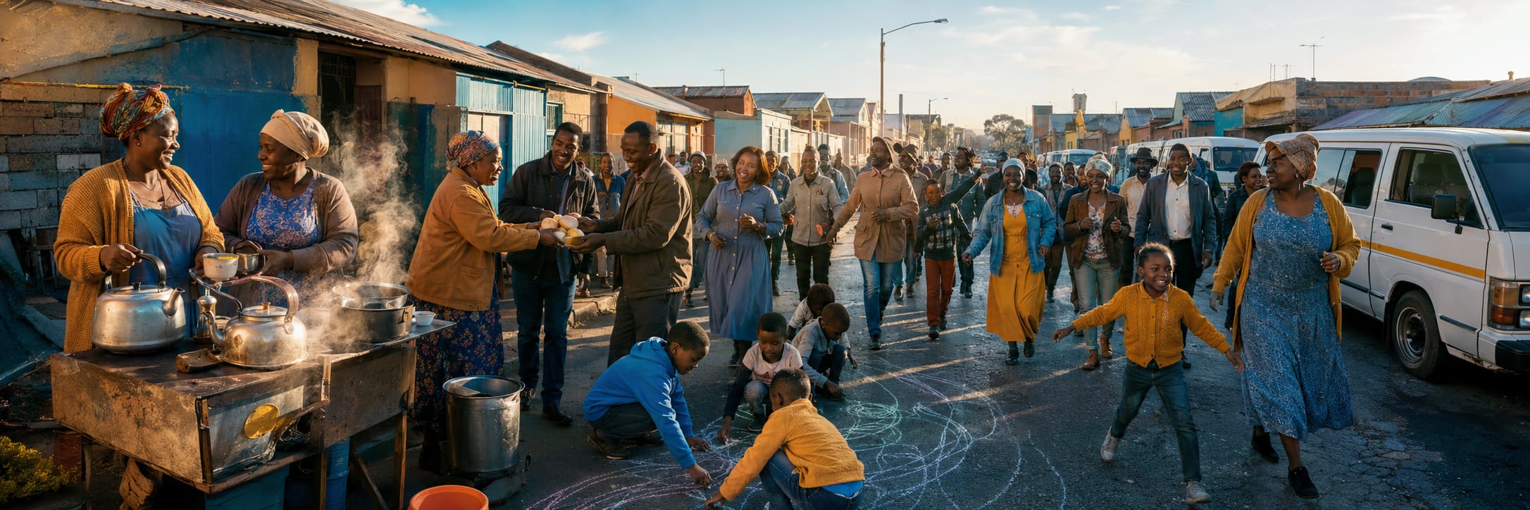 Adults and children gather on a street, cooking or drawing with chalk together among houses and parked vans.