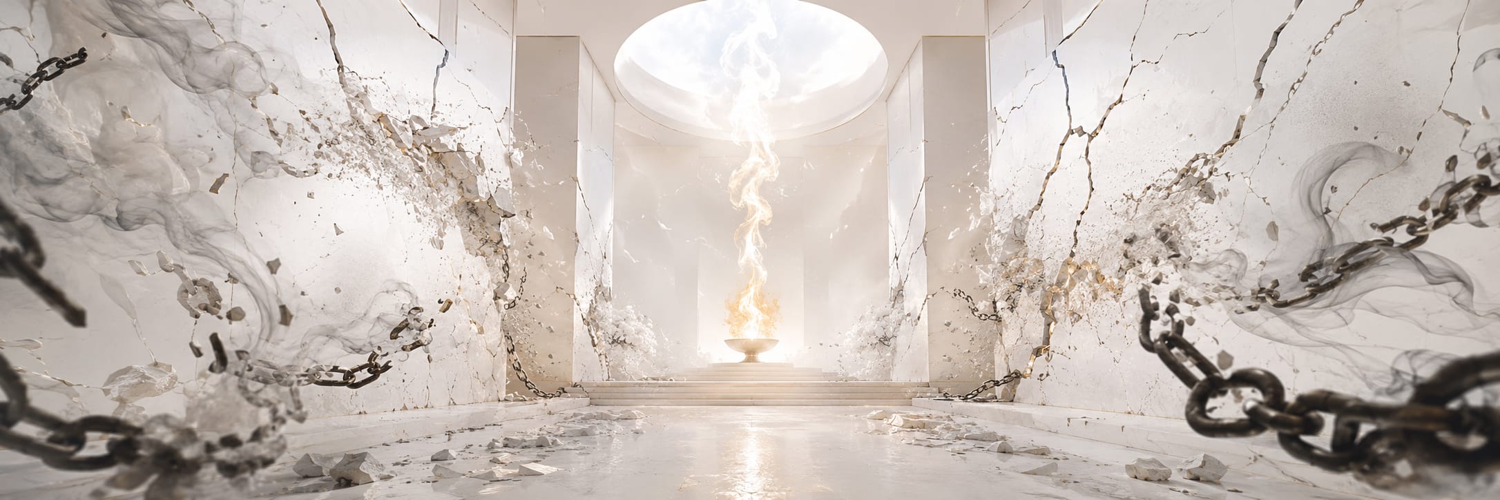 A white marble hall filled with subtle satire and subversion under a glowing central flame.