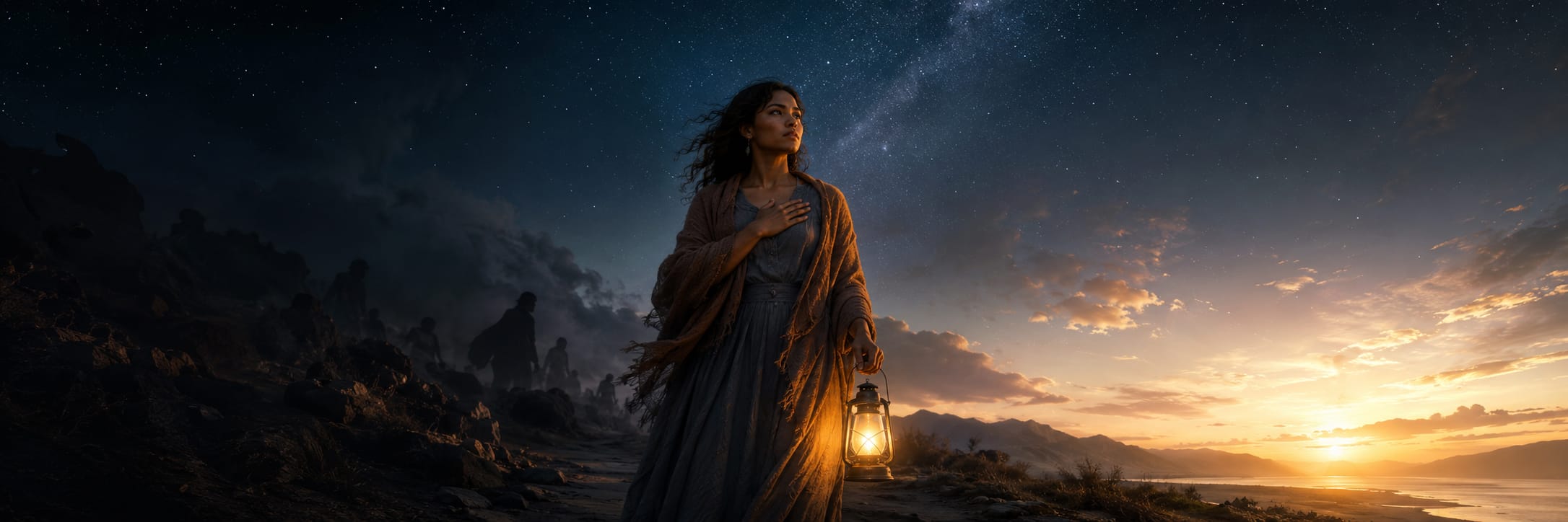 A woman with a lantern stands on rocky ground at twilight beneath a starry sky and the Milky Way.