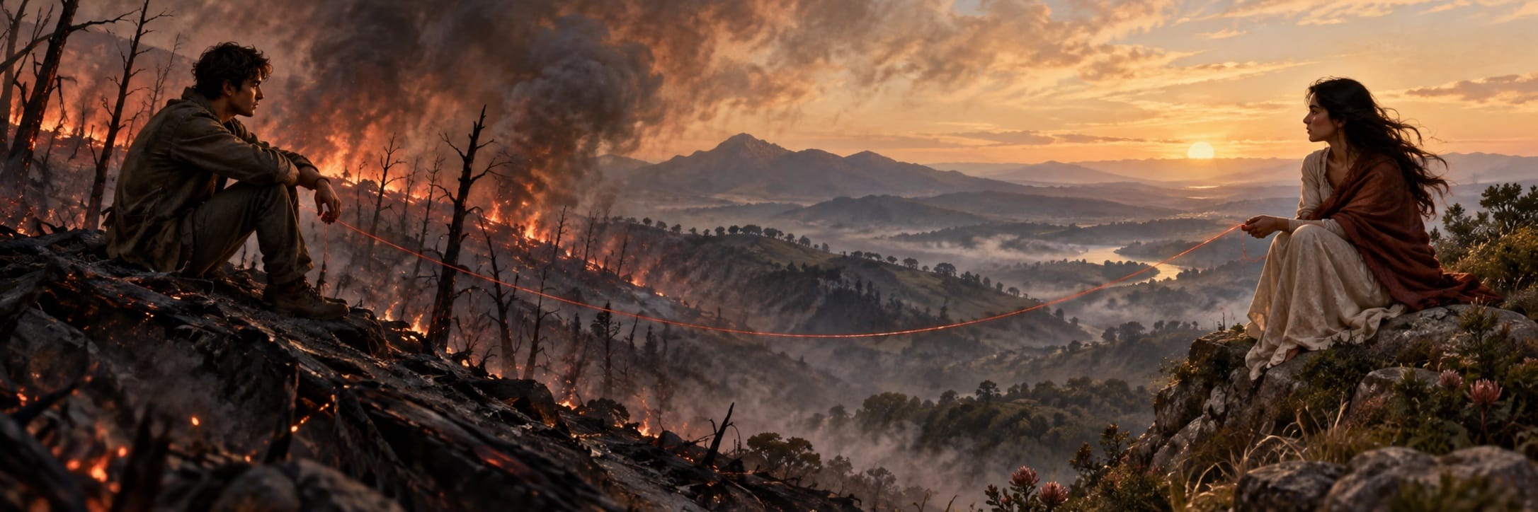 A man and woman sit apart on a hillside, connected by a red string labeled Strength & Spirit as wildfire burns below at sunset.