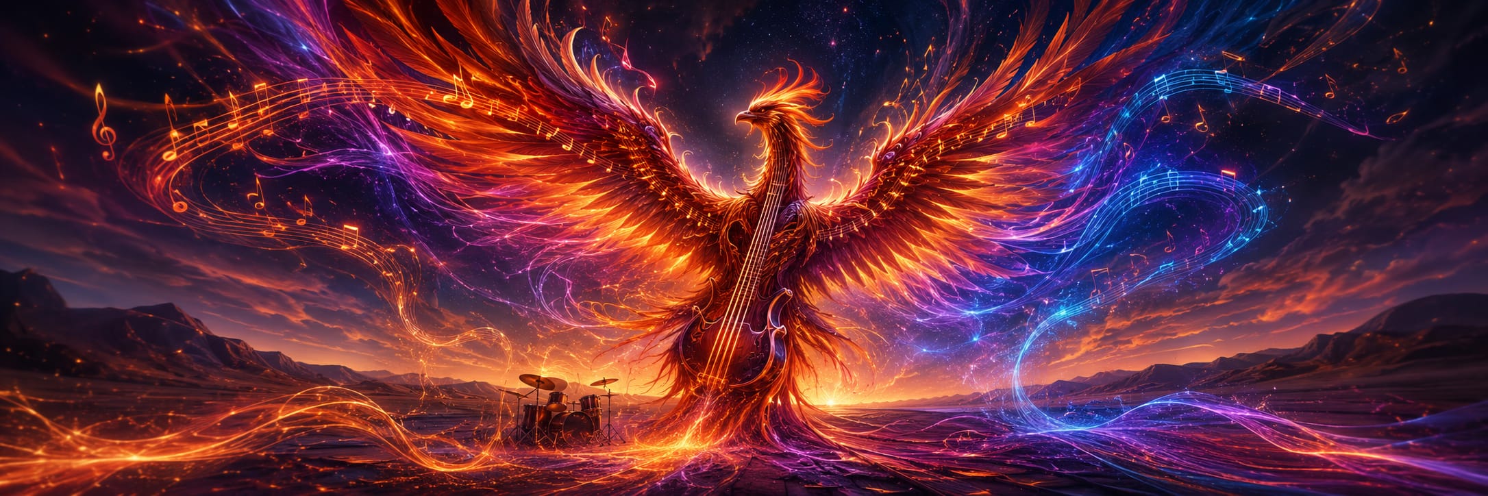 A fiery phoenix shaped around a stringed instrument spreads luminous wings amid flowing musical notes and colored light.