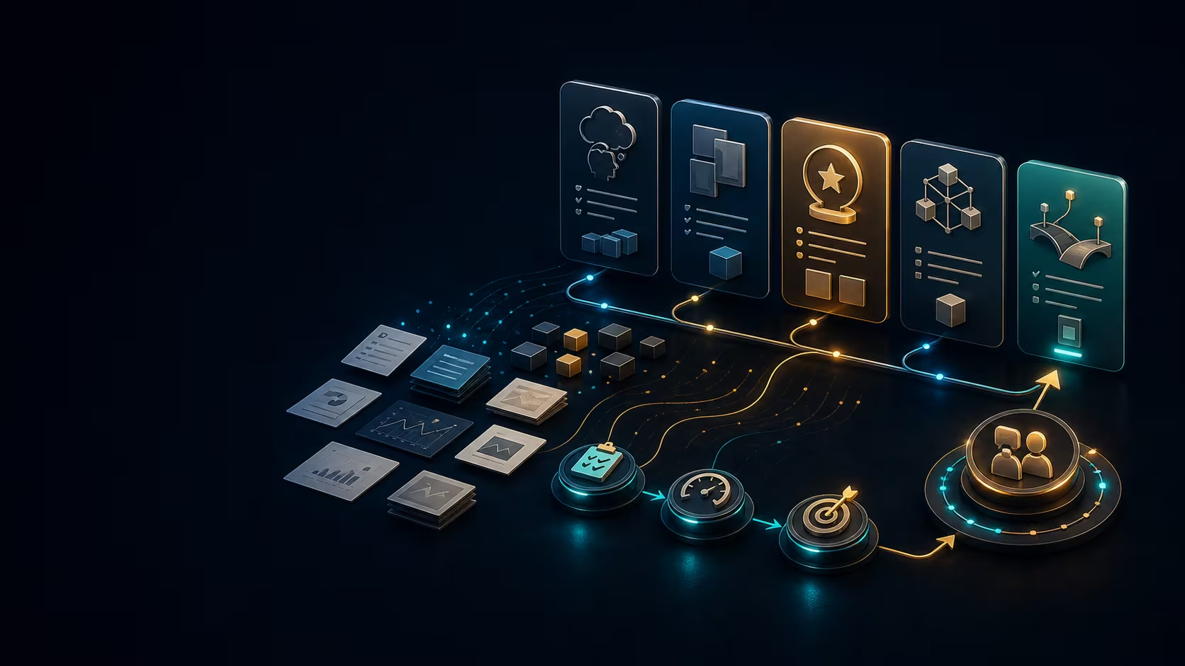 Landscape artwork showing business experience becoming proof-led advisory offers, service cards, and validation signals.