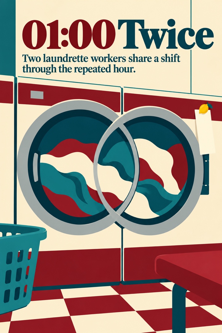 Flat enamel-style illustration of overlapping laundrette dryer windows, a lemon magnet and the title 01:00 Twice.