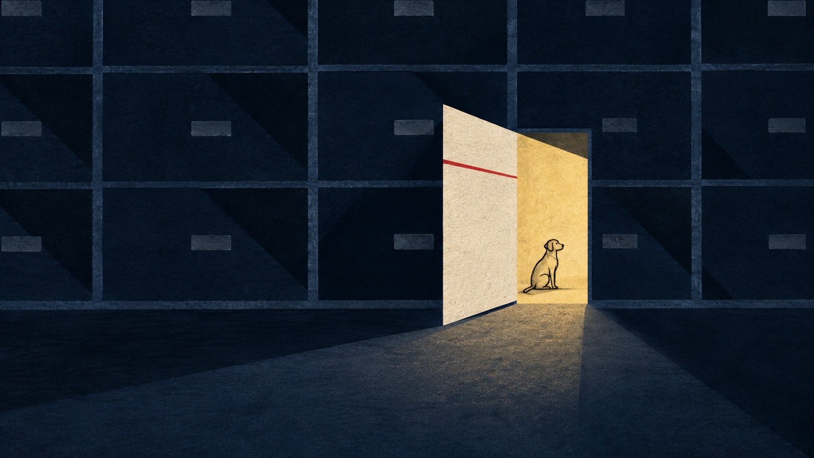 Flat editorial cover for Address Unknown: a cream paper doorway interrupts an archival blue grid, with a tiny yellow dog beyond it.
