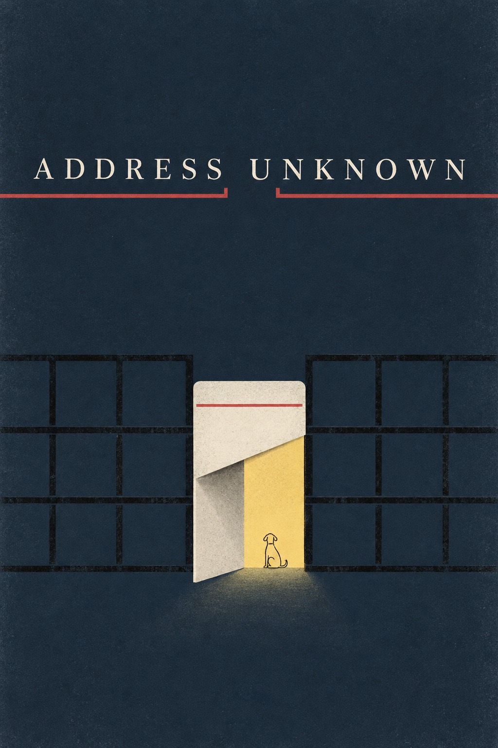 Flat editorial cover for Address Unknown: a cream paper doorway interrupts an archival blue grid, with a tiny yellow dog beyond it.