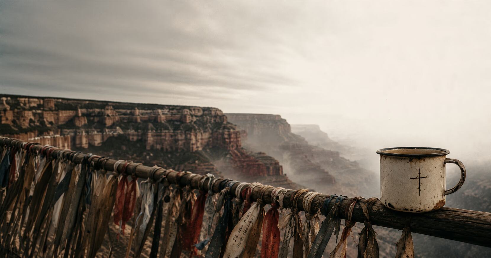 A chipped enamel mug rests on a ribbon-tied canyon rail beneath the title Low Water Station.