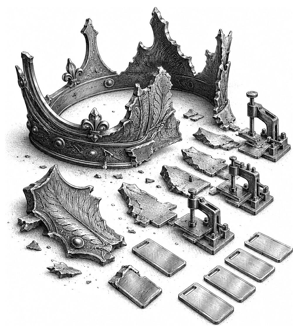 A crumbling metal crown is taken apart with clamps, its pieces reshaped into rectangular plates to form a badge.