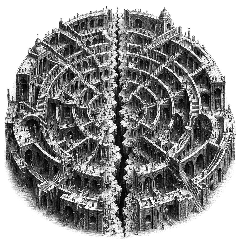 A circular, multi-level stone maze split by a chasm, with small human figures exploring the paradise inside.