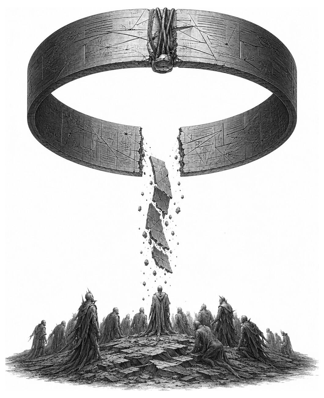 A large ring floats above cloaked figures as fragmented pieces fall from its center to the ground.