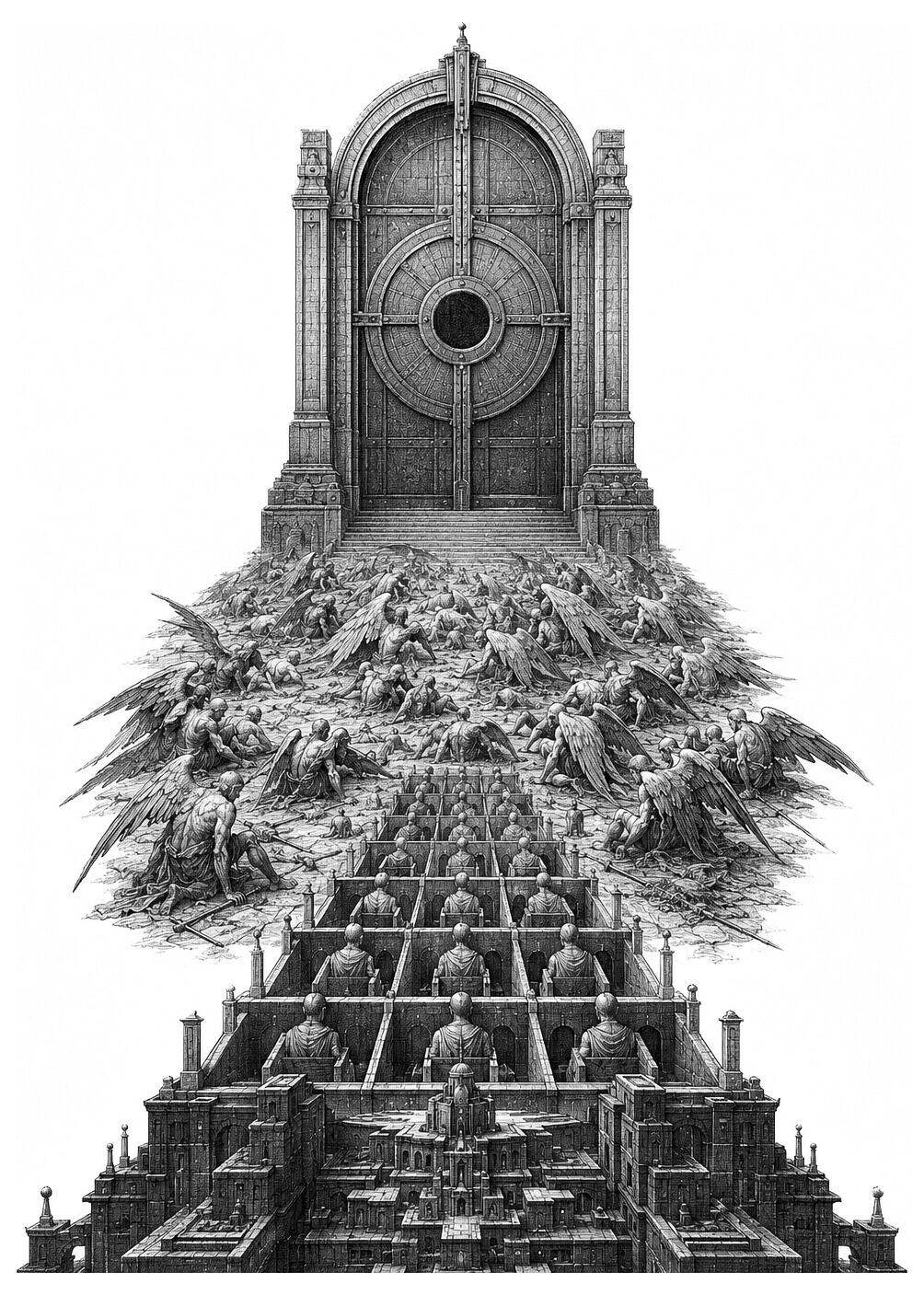 Labyrinth leading to a barred gate, with winged figures standing near the entrance.