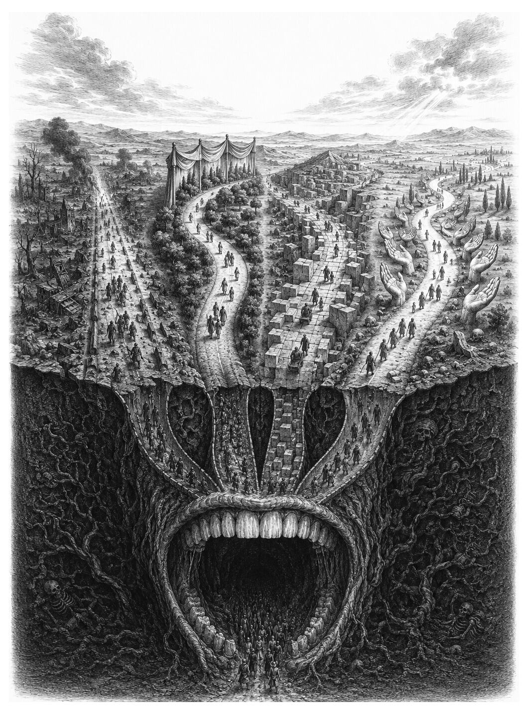 Sketch showing four roads converging at a single opening, with people descending underground; reference to paradise in book 02.