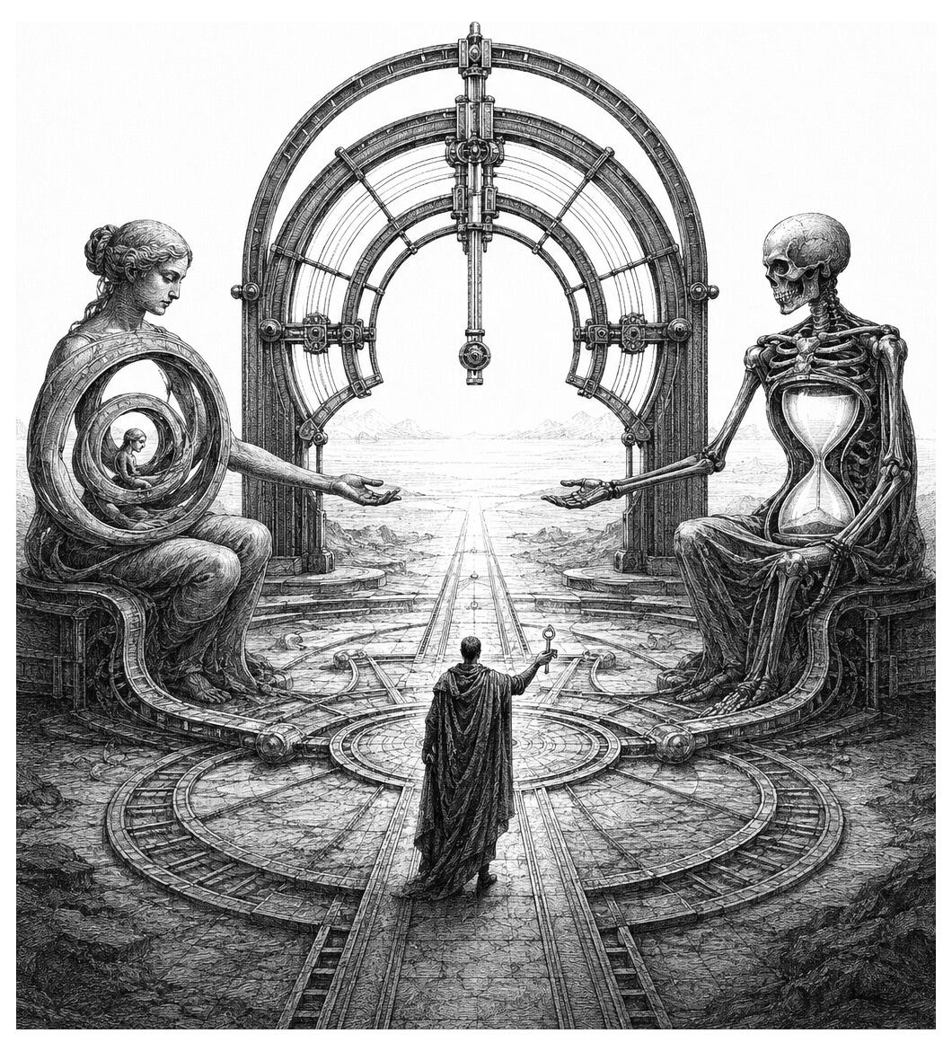 A person stands between a living figure with a fetus and a skeleton holding an hourglass, beneath metal arches marked “paradise.”.