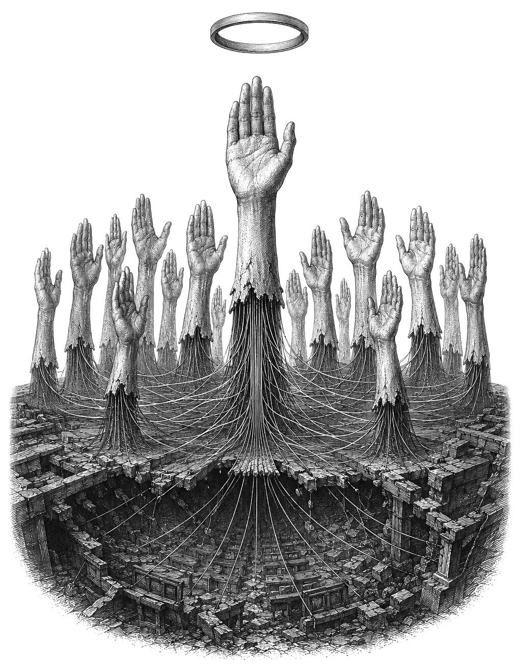 Raised hands of volunteers connected by cables, with a halo above the central hand.