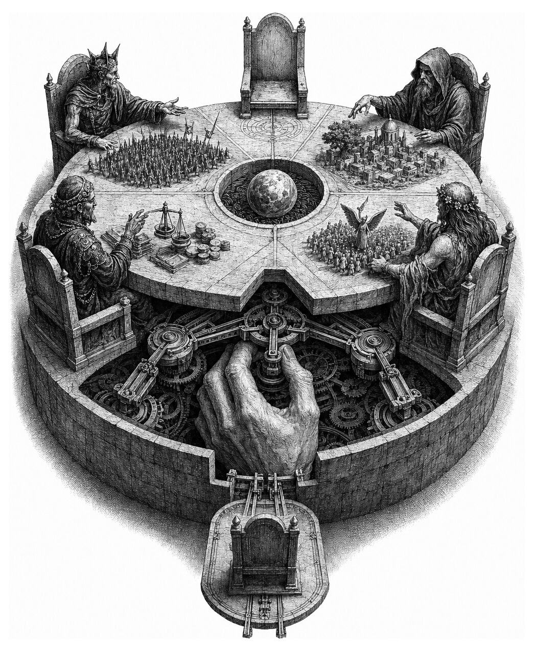 Four robed figures play chess at a round table while a large hand turns a crank beneath, surrounded by whirring gears.
