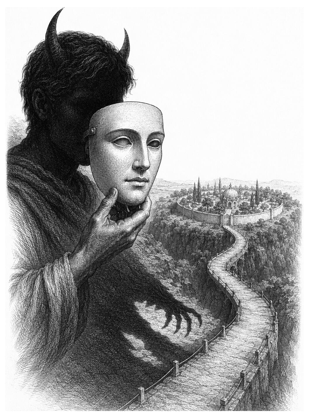 A horned figure holding a mask looks down a winding road leading to a distant city on a hill labeled “Paradise Logged.”.