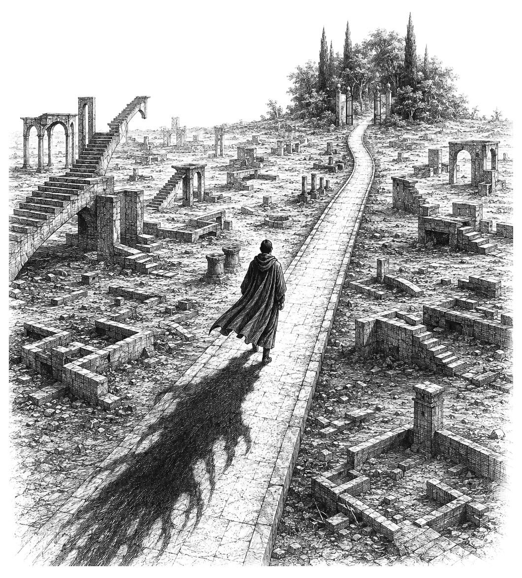 A cloaked figure walks through ancient ruins toward a tree-covered hill, shadows behind hinting at lost or failed futures.