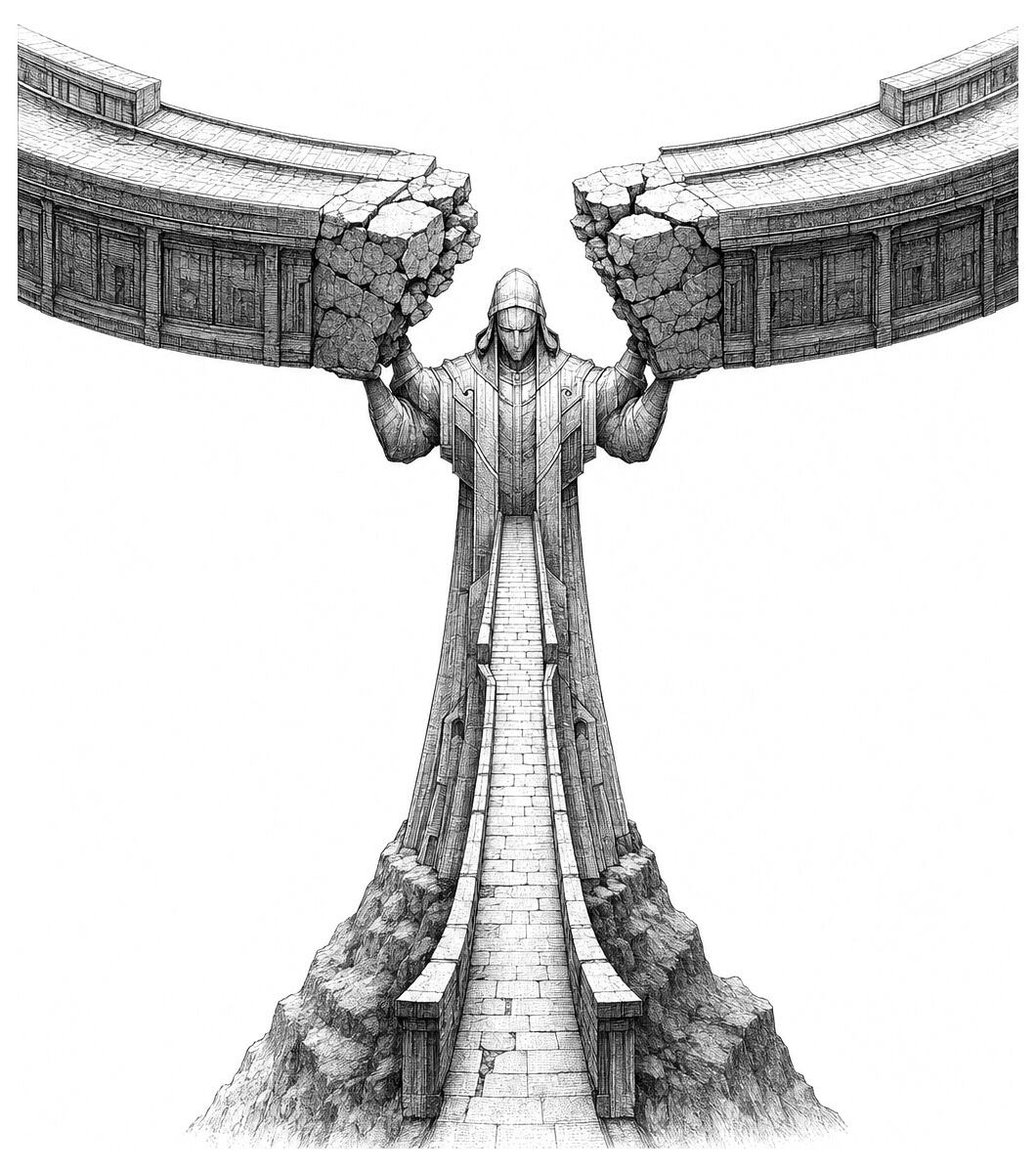 Stone figure supports crumbling structures at walkway’s end while debris falls in the setting of book 03’s paradise.