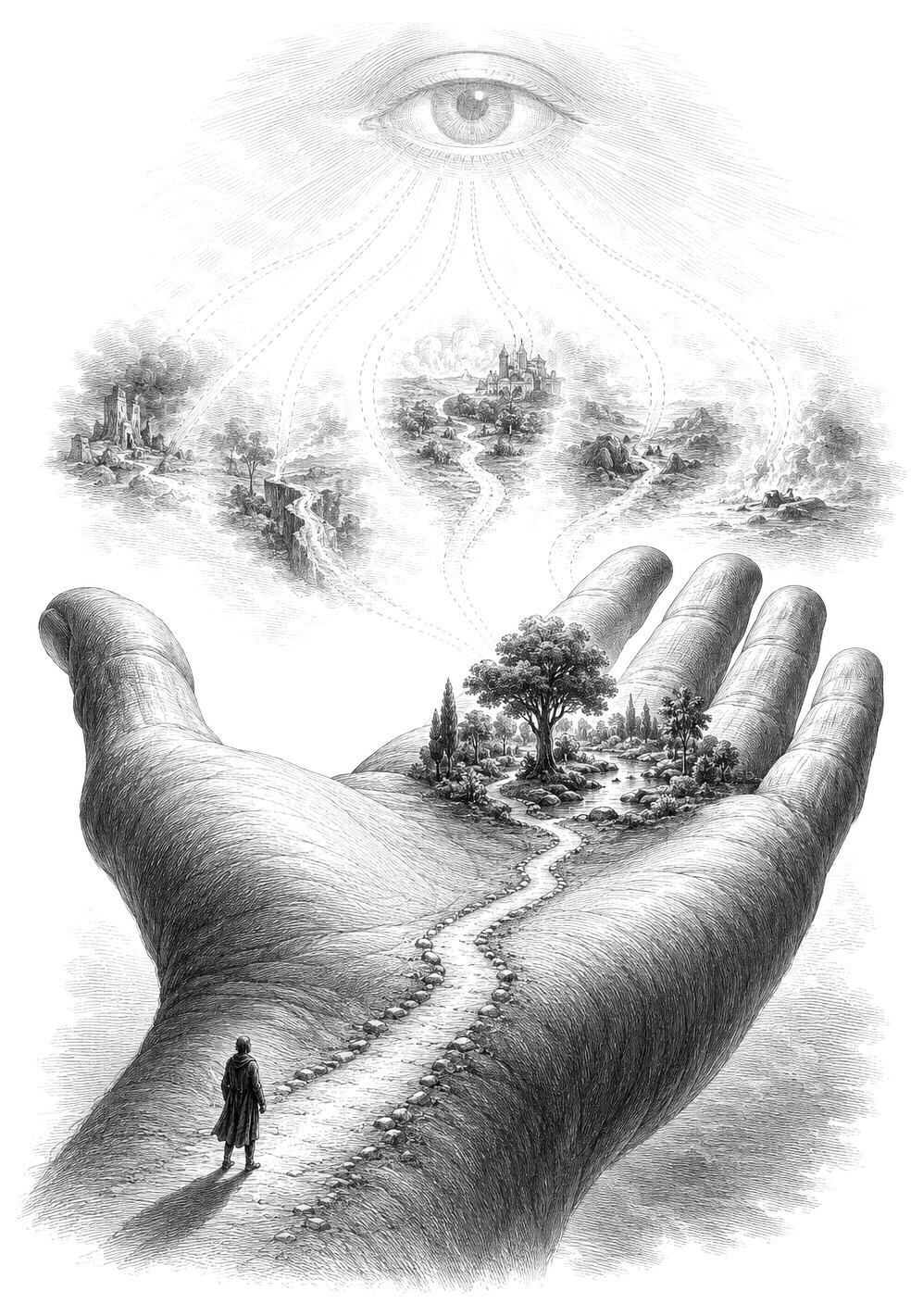 A person walks along a path on an open hand with trees, moving toward clouds where an eye overlooks distant towns, symbolizing paradise.