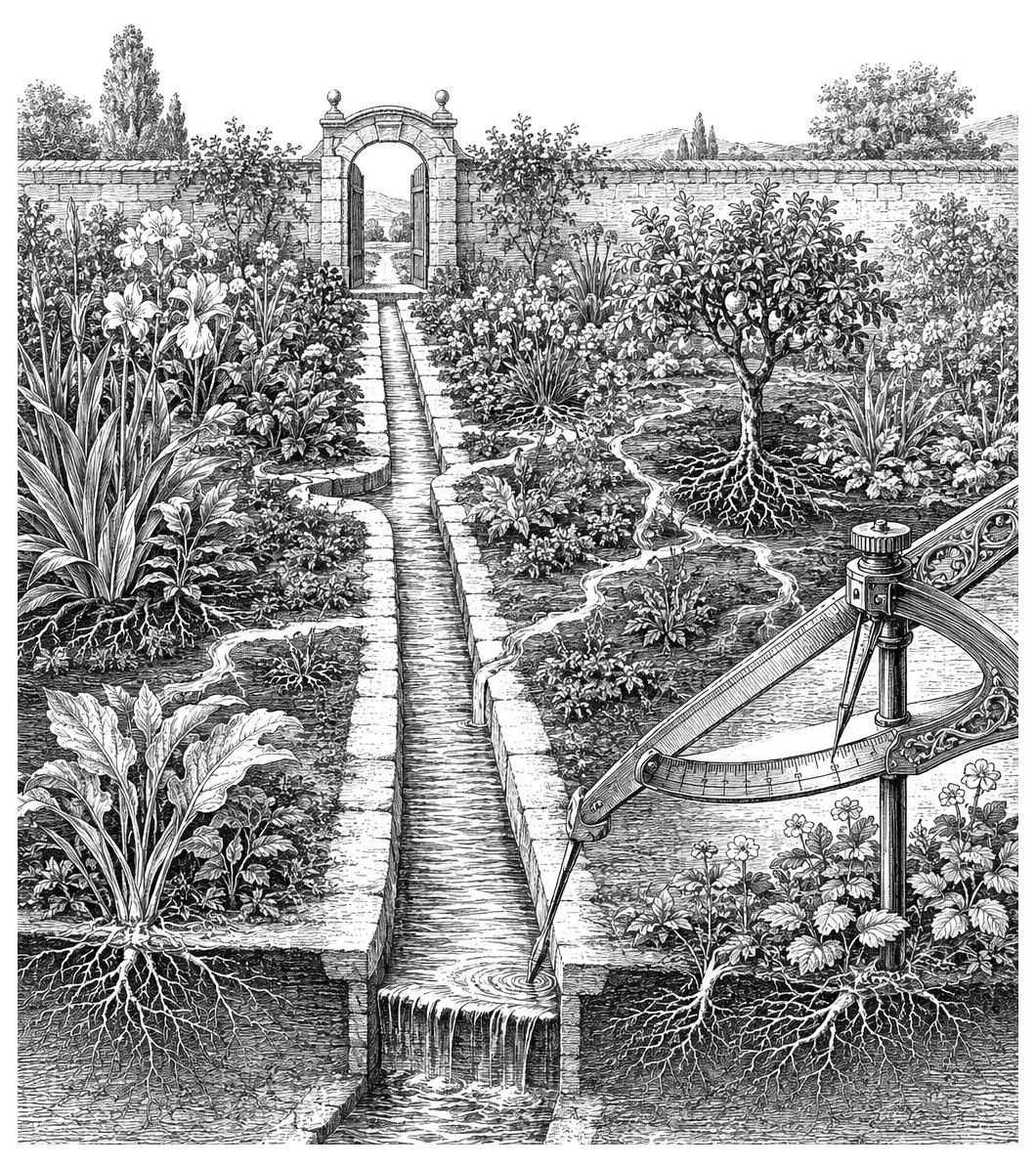 Garden with a stone-lined canal, lush plants, and a gate labeled PARADISE_LOGGED, shown in an illustration measuring water flow.