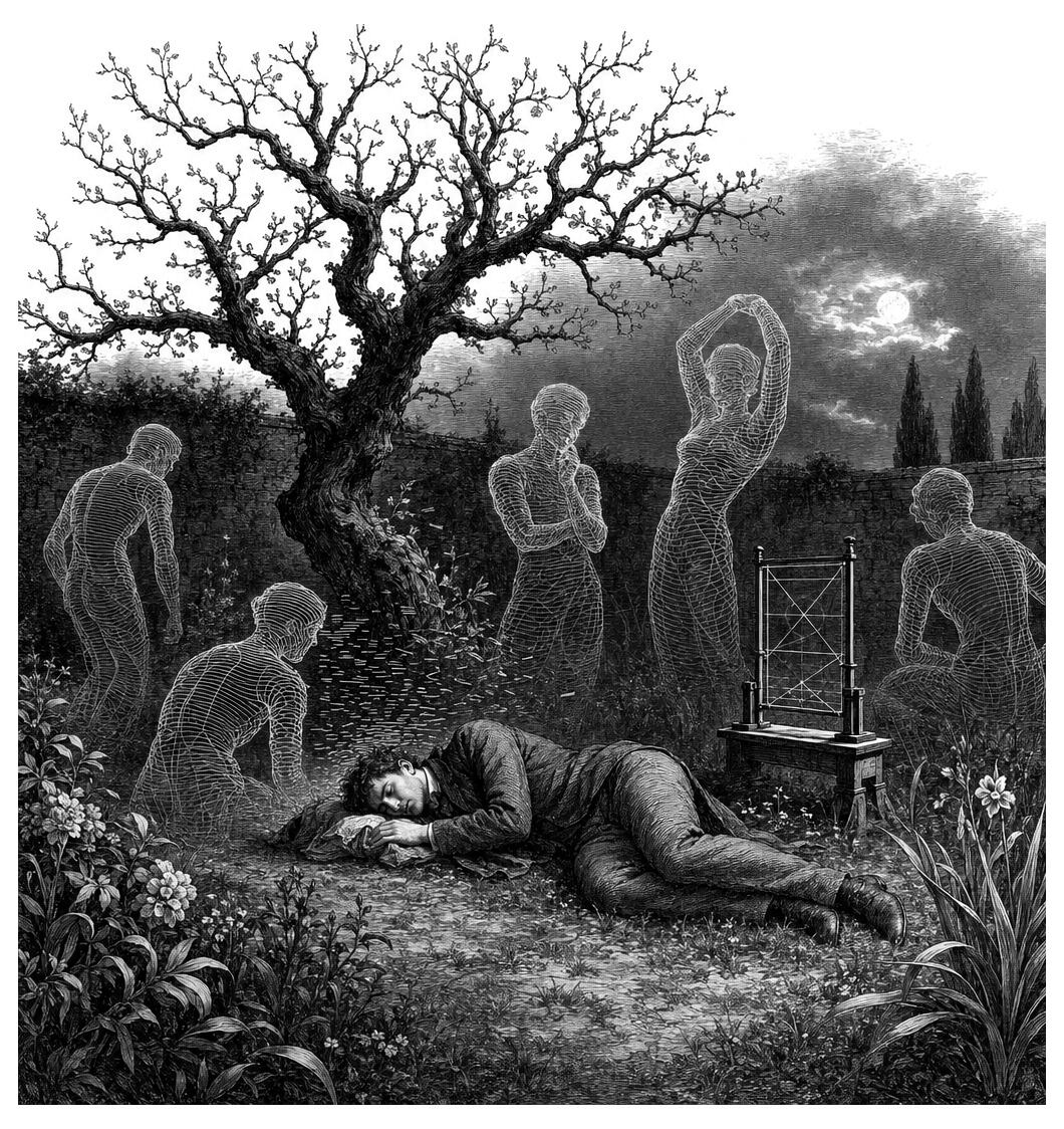 A man lies by a barren tree under a cloudy sky, haunted by ghostly wireframe figures that don’t fit any recognizable pattern.
