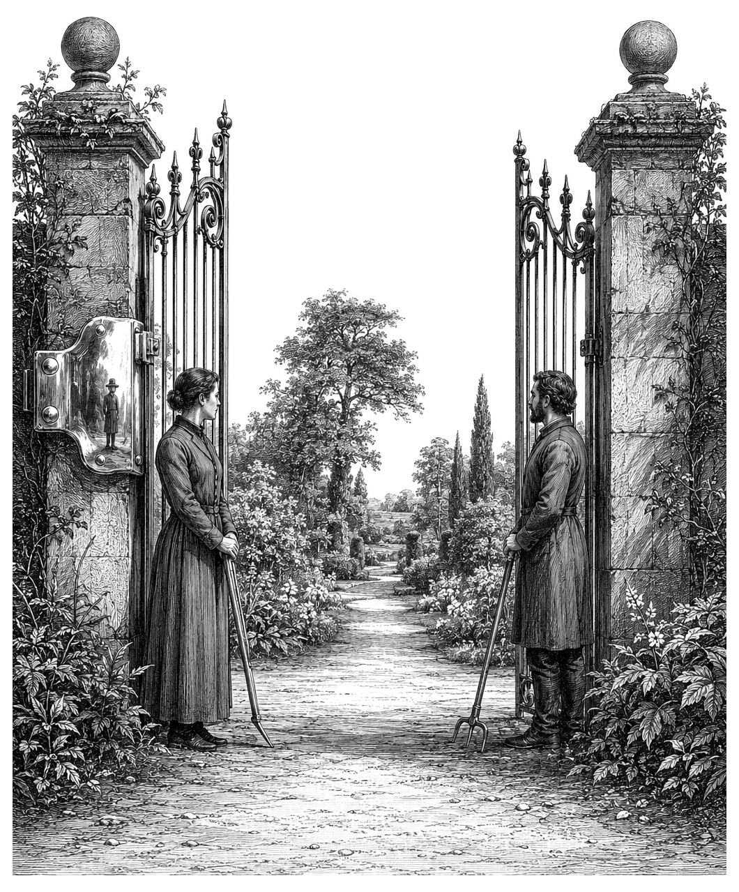 Two people with garden tools stand at open iron gates leading to a lush, green area filled with trees.