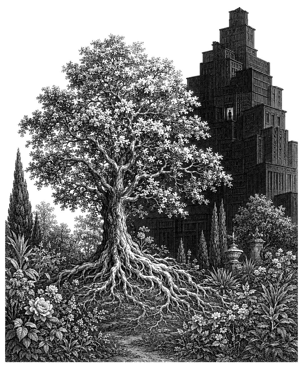 A large tree with exposed roots stands in front of a tiered building surrounded by dense shrubs.