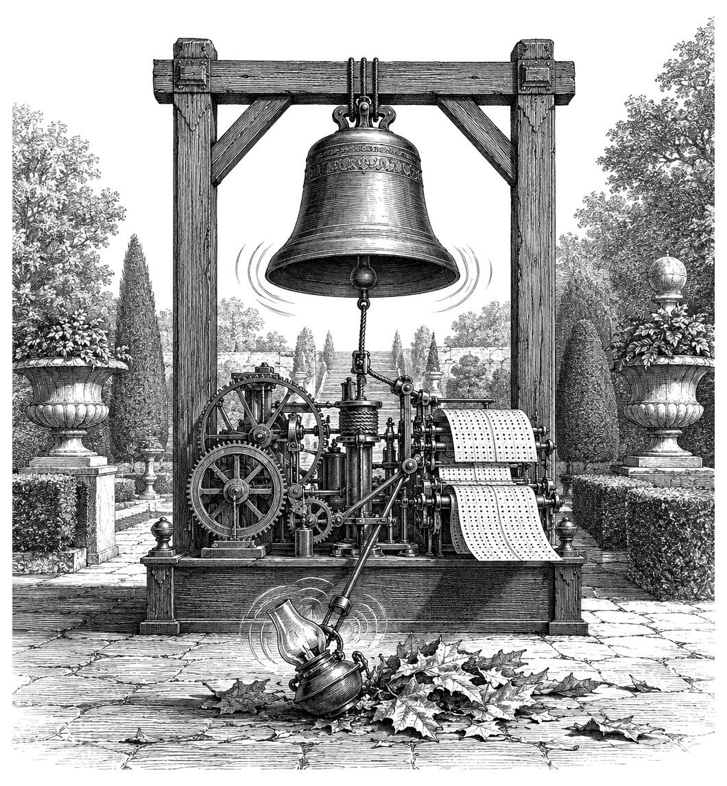 Large outdoor bell operated by gears and a paper reel; a lantern, leaves, and book 05 are in the garden below.