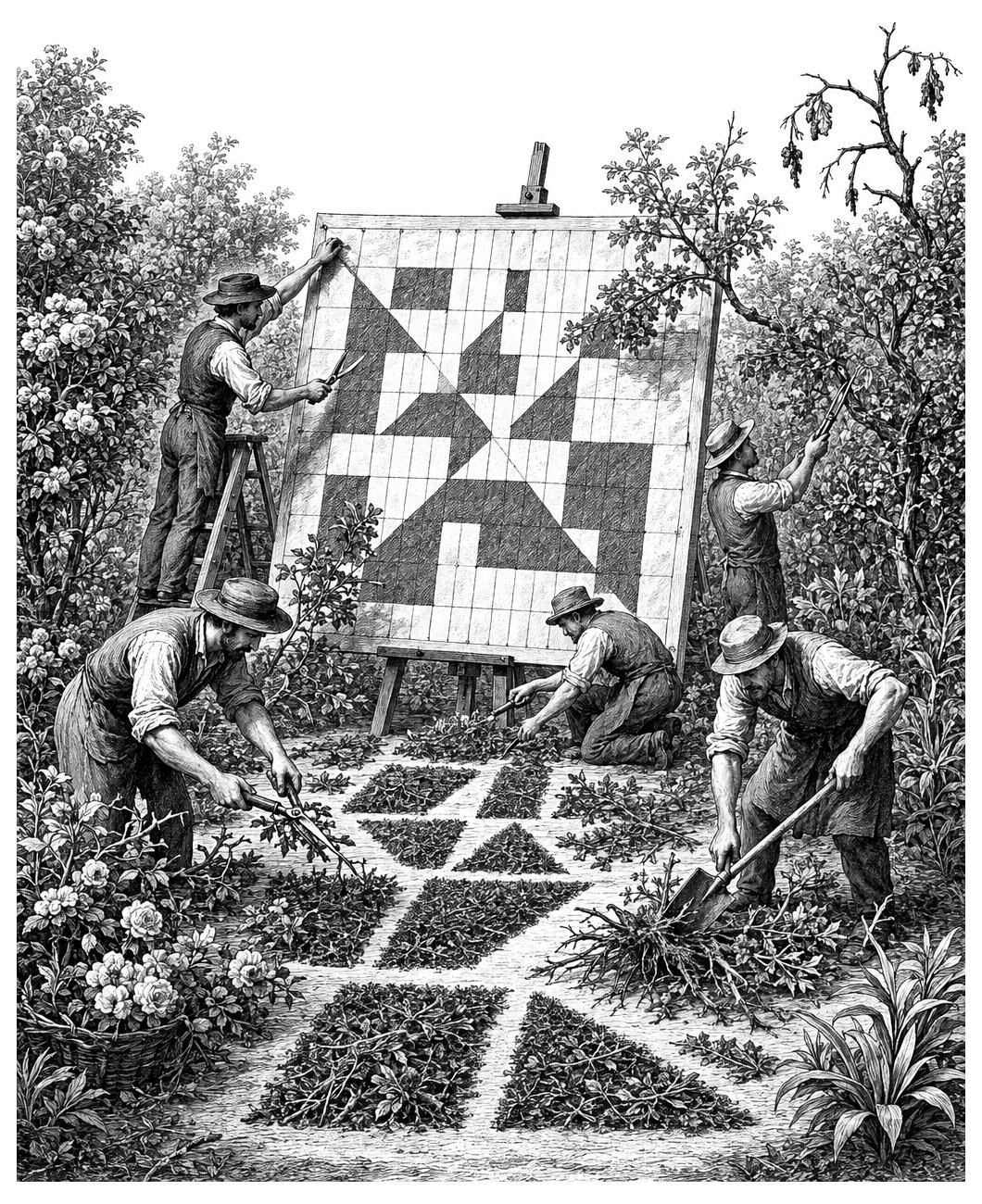 Four men trim a garden, arranging plants in a geometric pattern shown on an easel among trees and bushes.