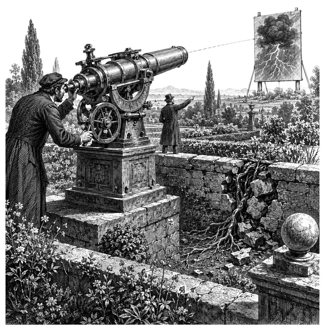 Man looking through a telescope at a thunderstorm painting, with PARADISE_LOGGED book 05 warning from the garden.