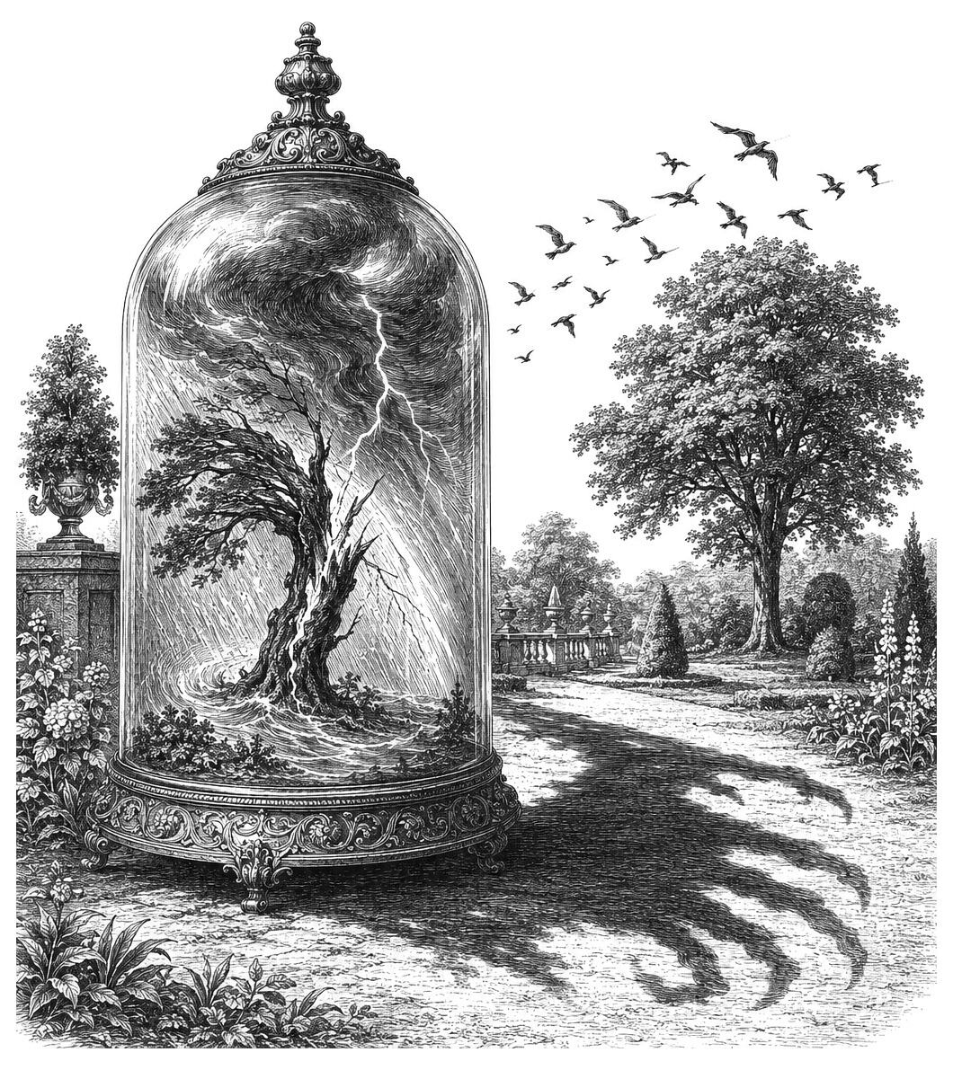 A tree weathers a storm inside a glass dome; outside, “PARADISE LOGGED,” tranquil gardens and birds flourish under clear skies.