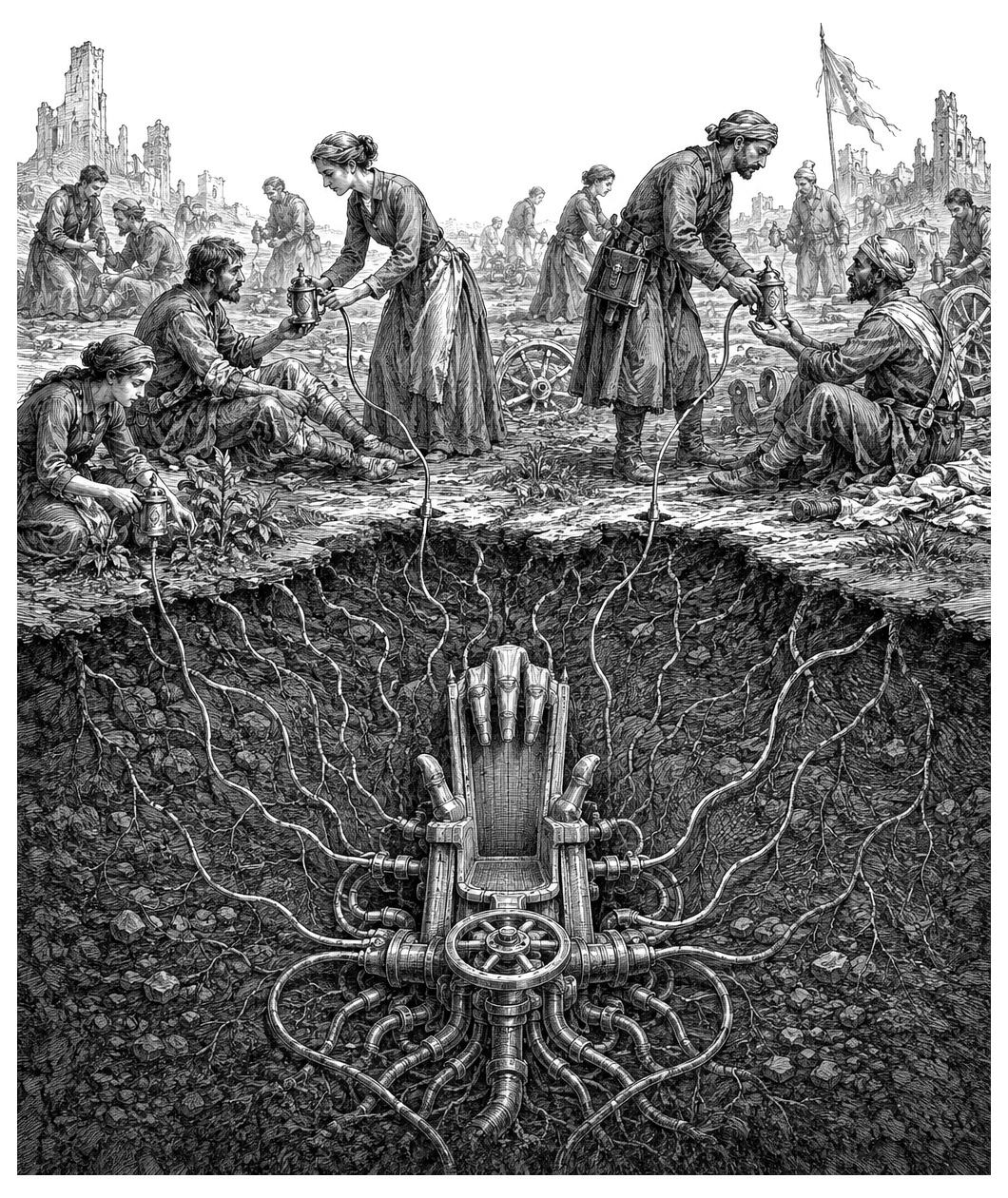 People barter above ground as cables labeled PARADISE LOGGED conceal a buried throne, with distant ruins visible.