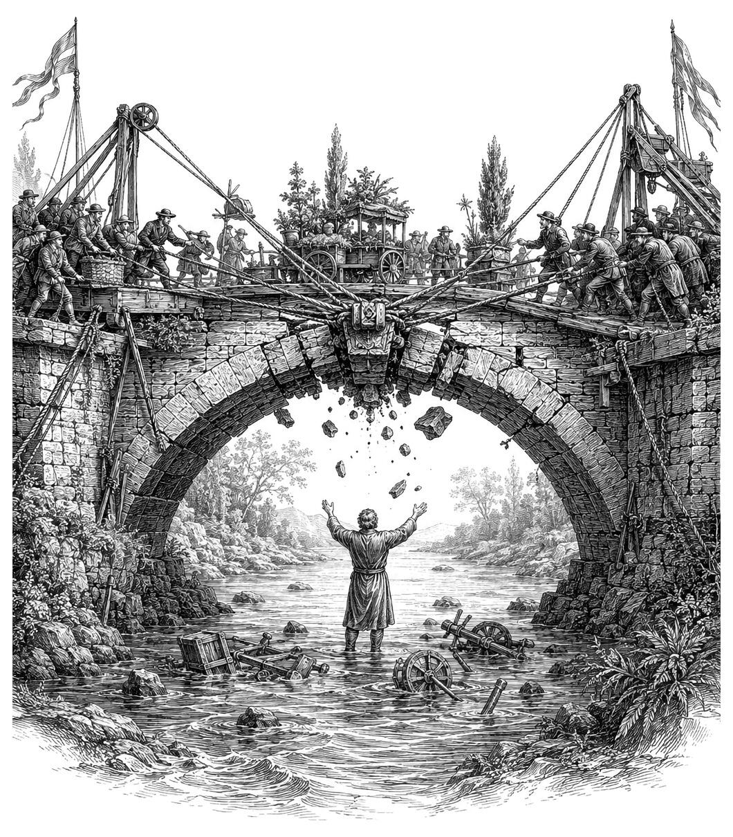 A person stands below as a stone bridge collapses, workers above amid falling rubble; PARADISE LOGGED, book 06.