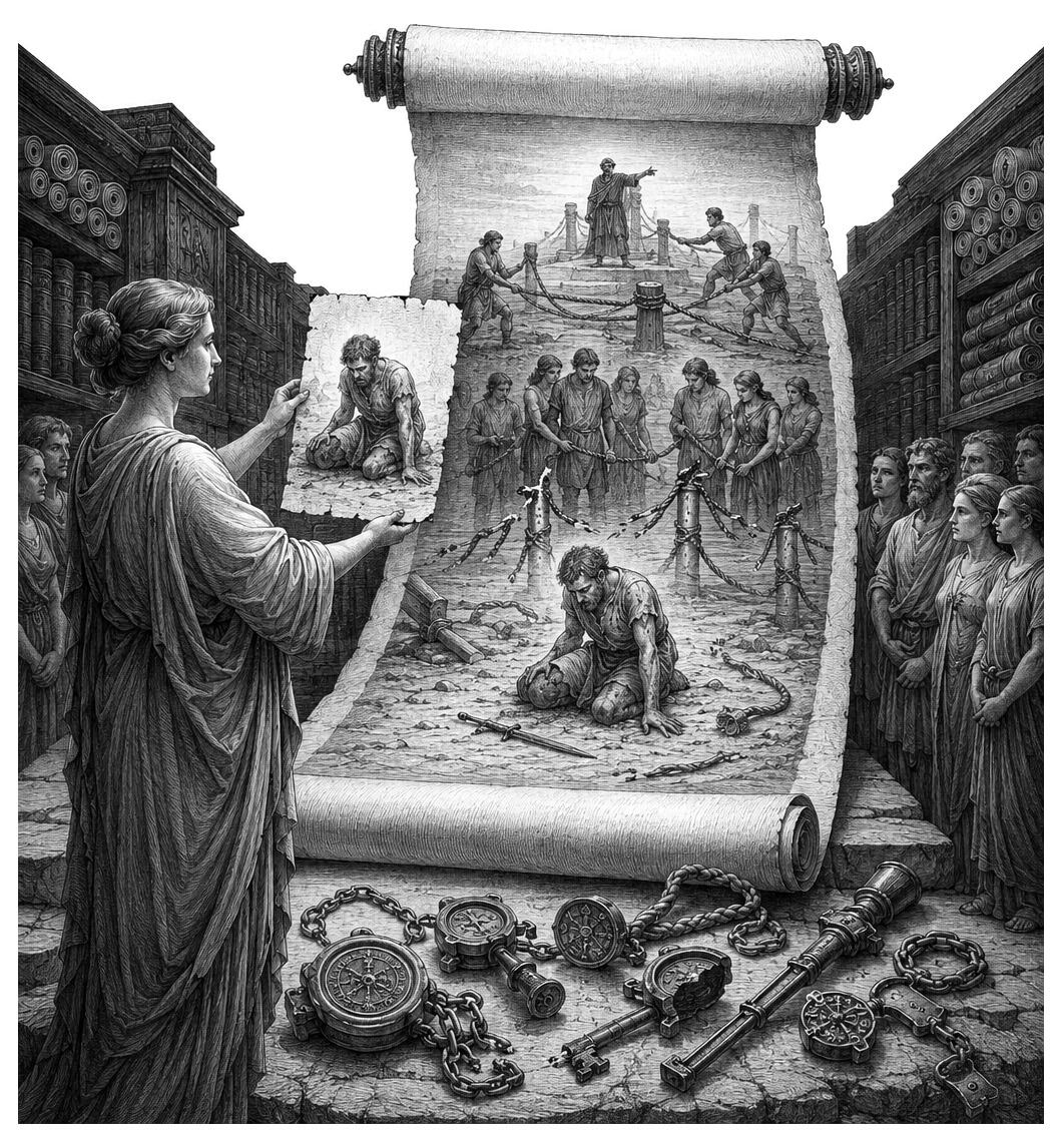 A person in ancient clothing presents a scroll to a group; nearby, chained figures and artifacts are revealed with the text PARADISE_LOGGED.