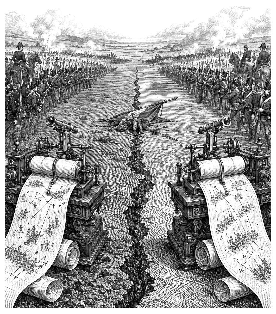 Two armies confront each other surrounded by maps and drafting machines, with fallen soldiers at the center.