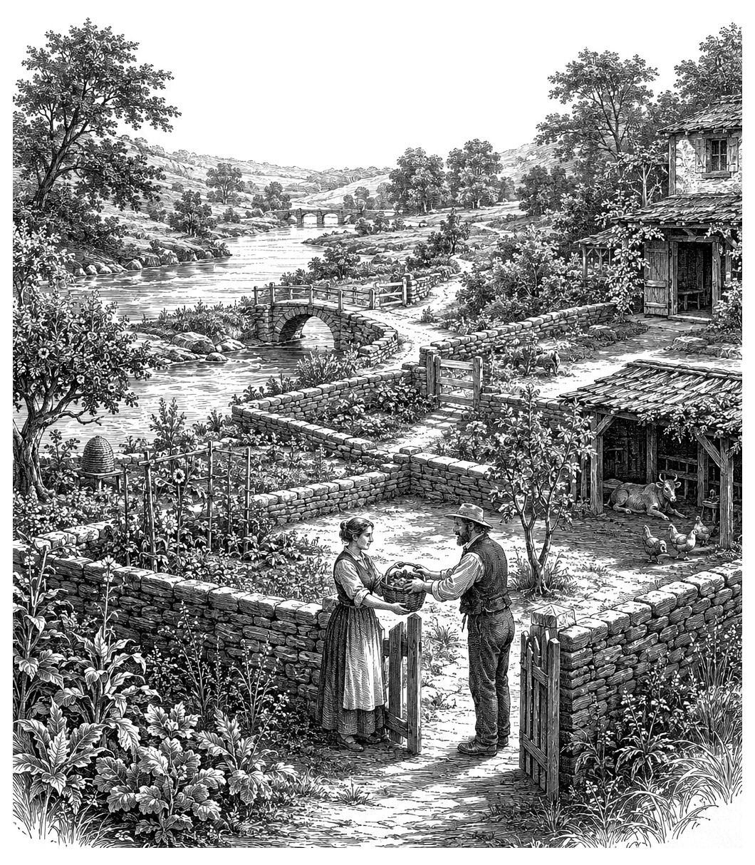 A woman hands a basket to a man at a garden gate, marking their connection in a peaceful rural setting.