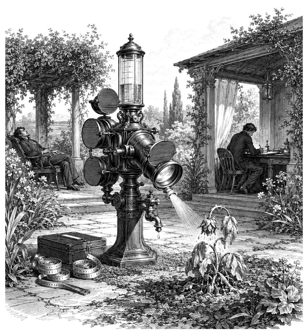 A vintage tool sprays water on a wilted plant as two men work together in a flower garden.