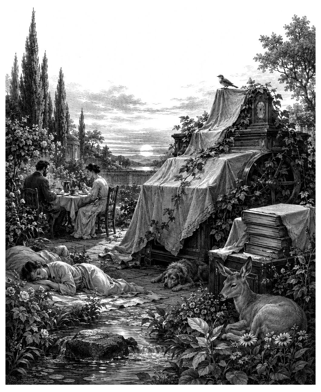 A couple dines outdoors in PARADISE LOGGED, book 07, with a deer, dog, sleeper, and stream nearby under cloudy skies.