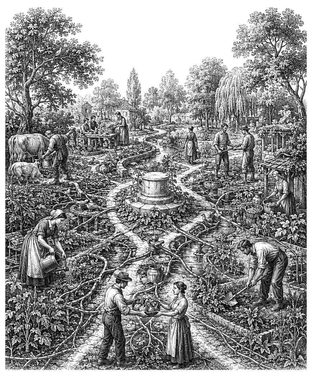 People work in a large garden among rows of crops, trees, and a fountain, using baskets, tools, and watering cans.