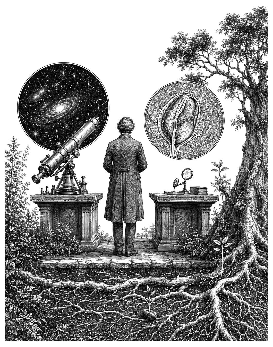 A person stands between a telescope and magnifying glass, reflecting on how size doesn’t determine value, from galaxies to leaf cells.