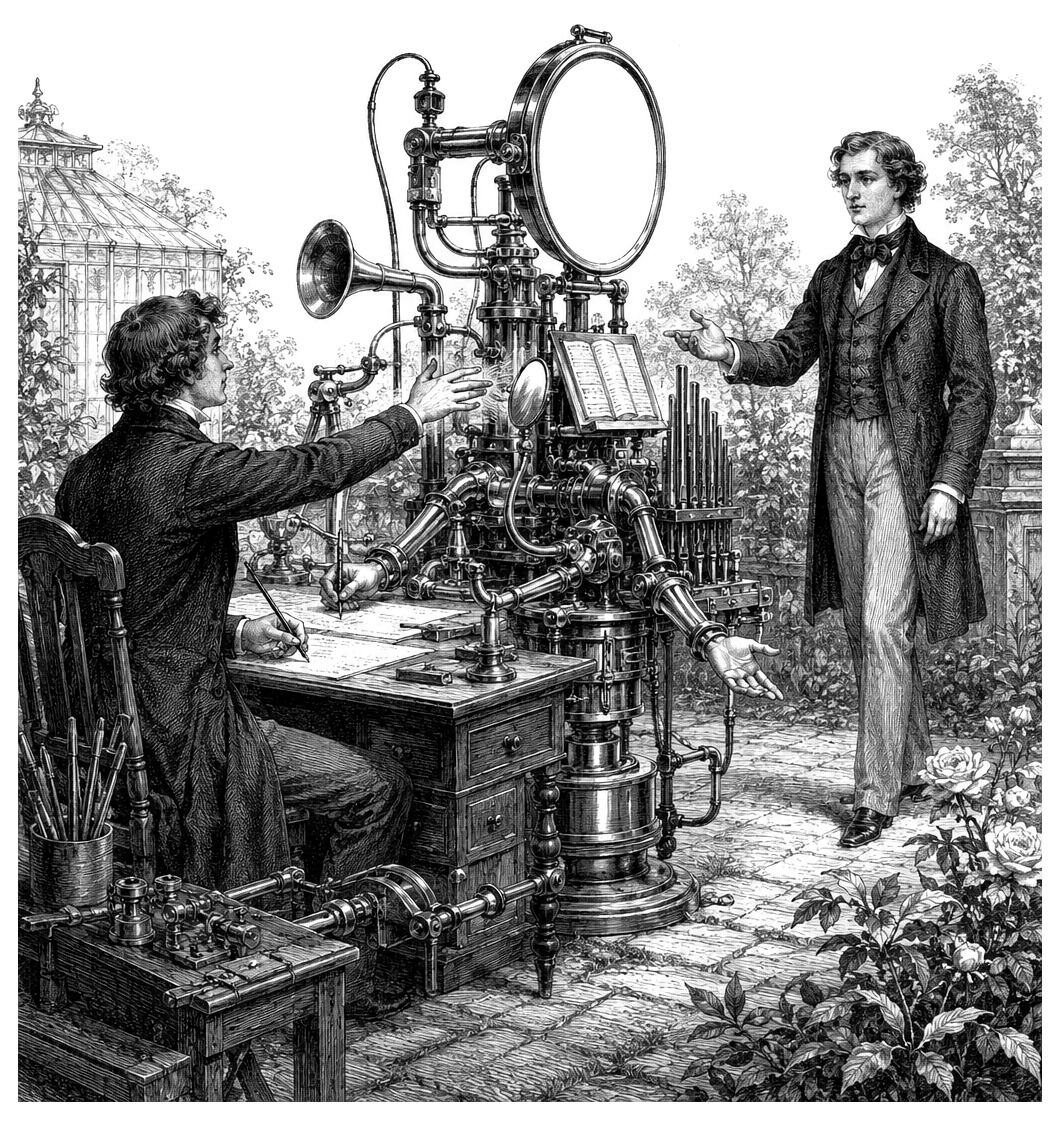 Two men operate a steampunk machine outdoors near trees, resembling a scene from book 08 08c.
