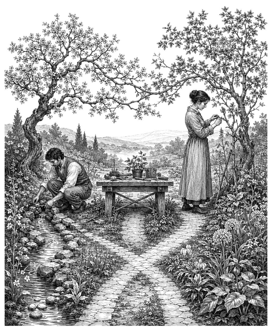 A man arranges rocks by a stream as a woman trims a tree in a peaceful garden, each tending to different tasks.